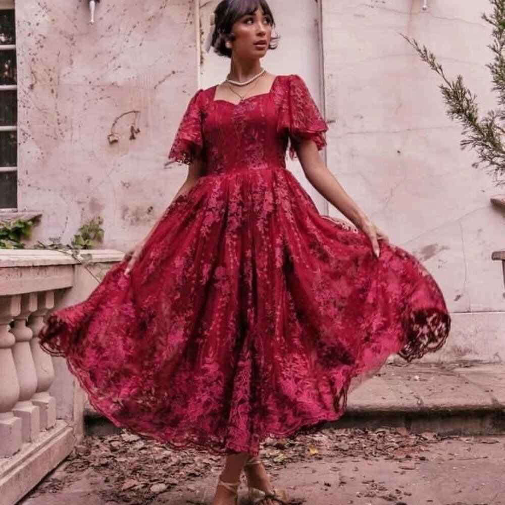 NWT JessaKae Victorian Dress - Size 2XL - Maron Burgundy Red Midi Lace Dress